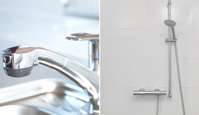Collage of a sleek bathroom faucet with a lever handle and a stylish shower setup