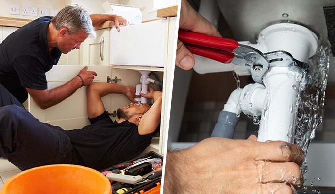 Collage showing two plumbers working under a kitchen sink and a close-up of hands fixing a leaking pipe with a wrench