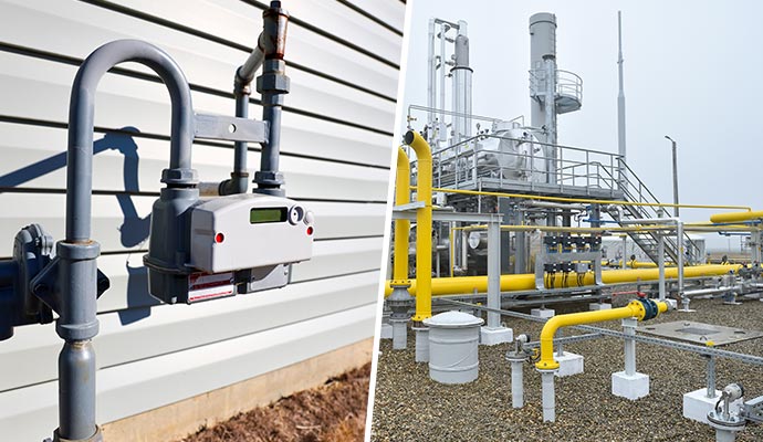 Collage of a gas meter on a building and an industrial facility with pipes and tanks for natural gas processing
