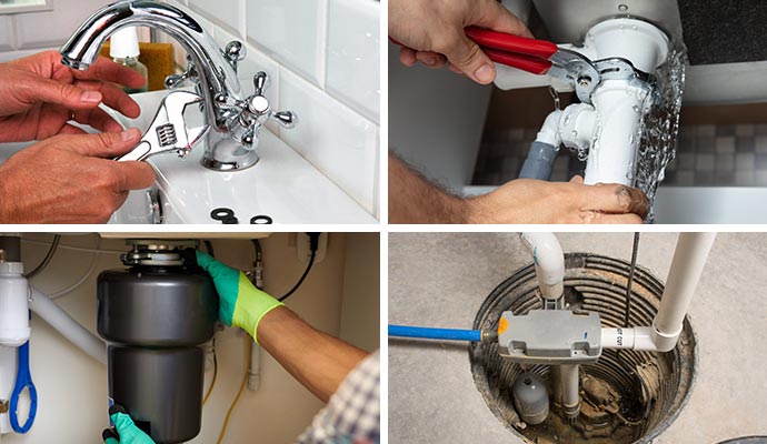 Collage of toilet repair, garbage disposal installation, leaky pipe repair, and sump pump installed