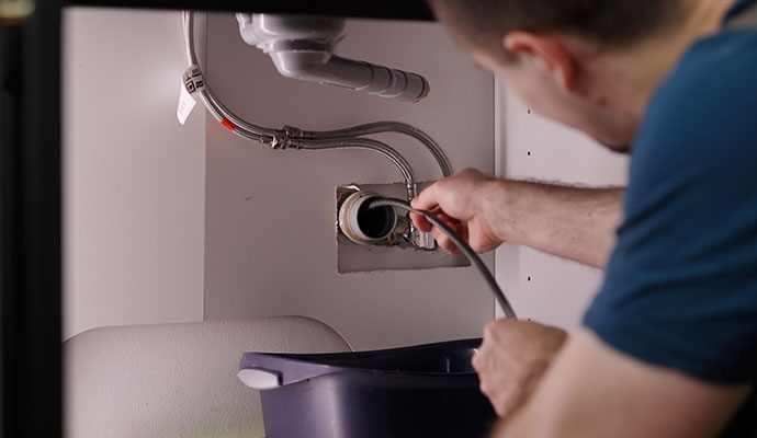 A person clearing main drain line with plumber snake