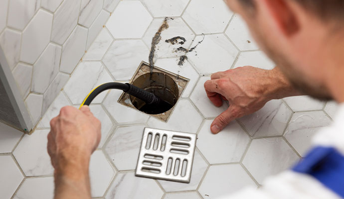 A plumber using a drain cleaning tool to clear debris from a clogged floor drain