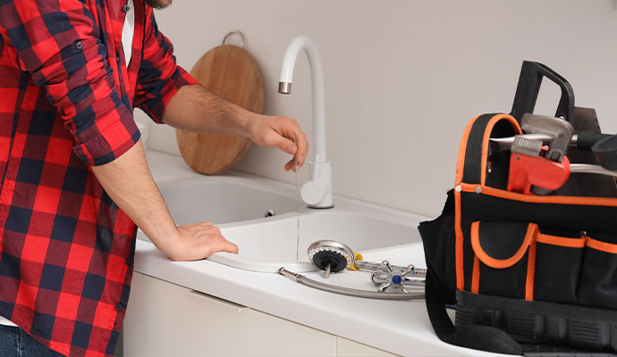 A plumber repairing kitchen faucet