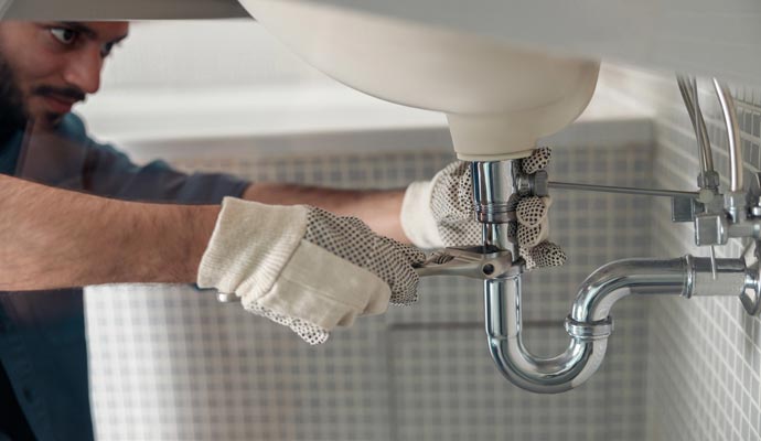 An expert wearing gloves using a wrench to repair metal pipes under a sink