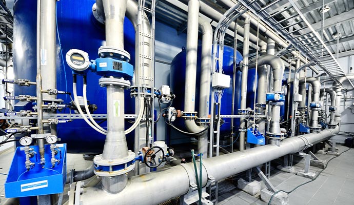 Industrial fluid system with pipes, valves and control instruments