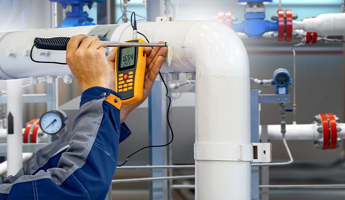 Technician inspecting and repairing an industrial gas pipe using a digital gauge in a factory setting