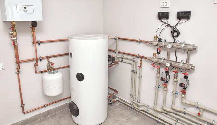 A white water heater tank connected to copper and plastic pipes, valves and gauges