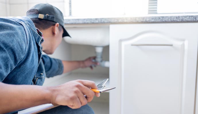An expert inspecting plumbing under a kitchen sink and taking notes