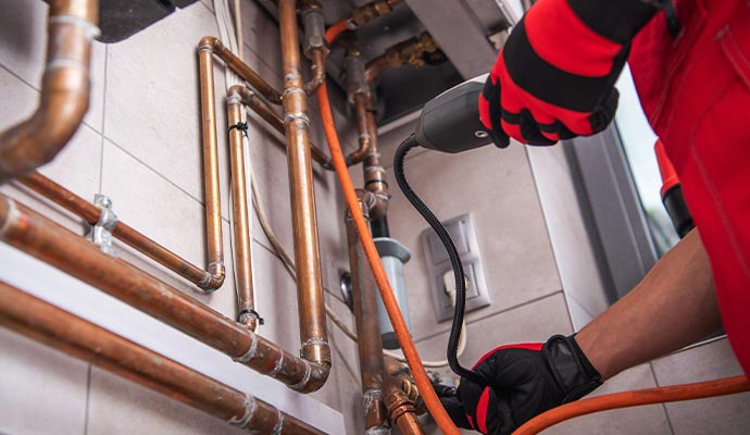 Technician inspecting copper plumbing gas pipes using a tool with a flexible hose
