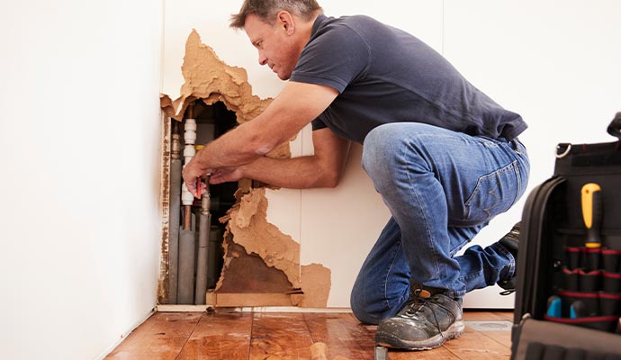 Person kneeling on a wooden floor repairing exposed pipes inside a damaged wall with tools nearby