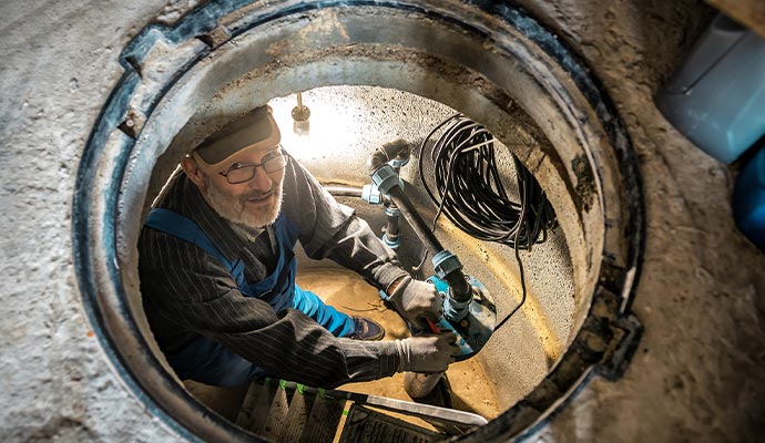 Septic service technician working underground