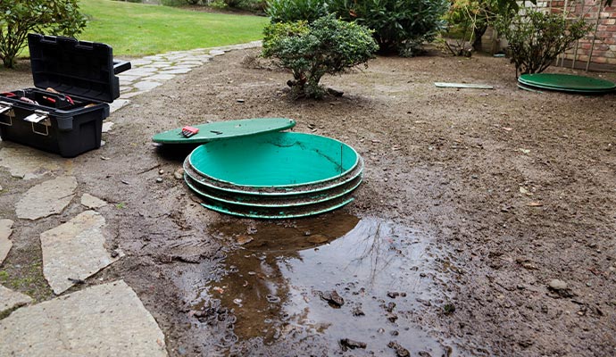 Open septic tank with opened lids and muddy ground
