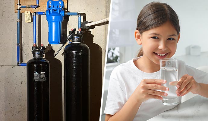 Collage of water filtration system and girl hold a glass of clean water