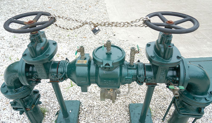 An installed backflow preventer on large commercial pipe