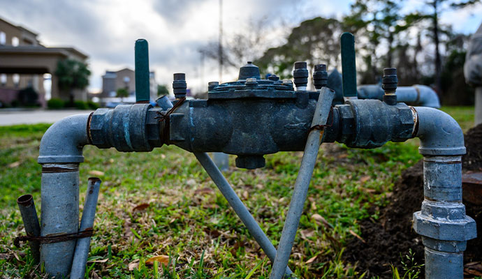 A large, weathered brass backflow prevention assembly mounted horizontally on pipes