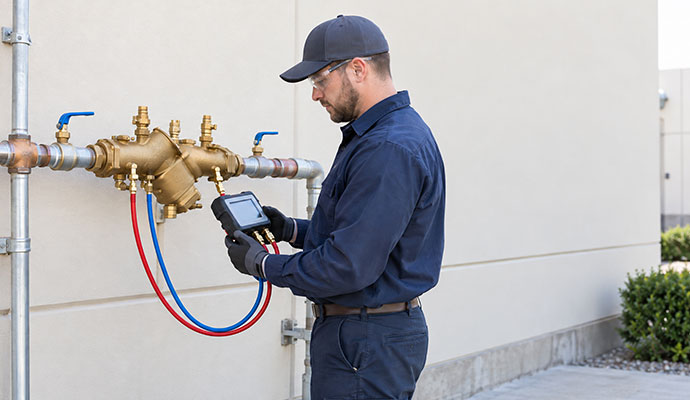 Technician testing backflow preventer on an exterior wall