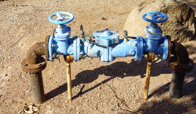 Outdoor blue double check backflow preventer installed with shut-off valves