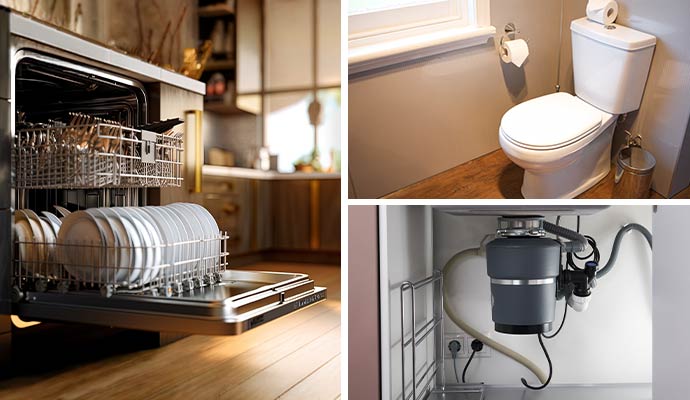 Collage of dishwasher, toilet and garbage disposal