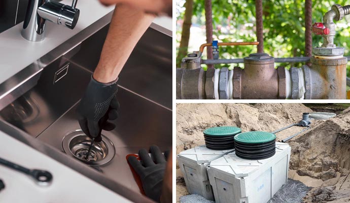 Collage-of drain cleaning, backflow preventer and septic system