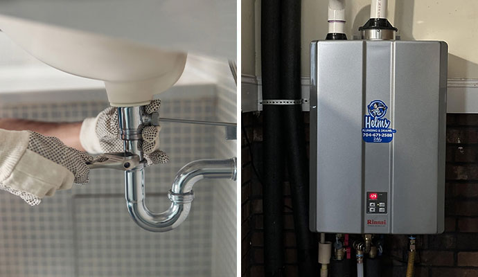 Collage of sink plumbing repair and a tankless water heater