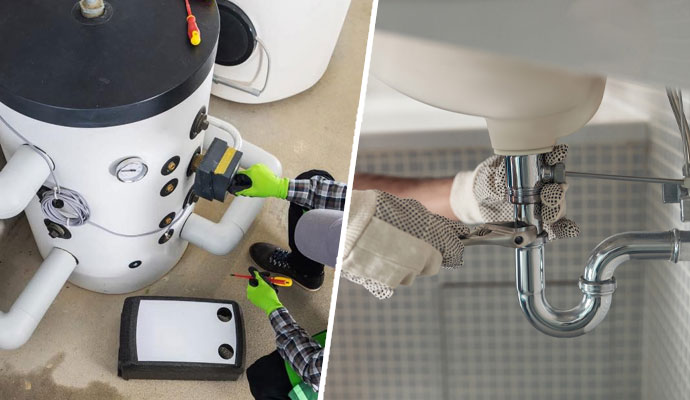 Collage of professional repairing water heater and bathroom sink pipe