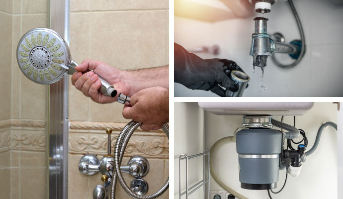 Collage of shower head repair, leaky pipe fix, and garbage disposal