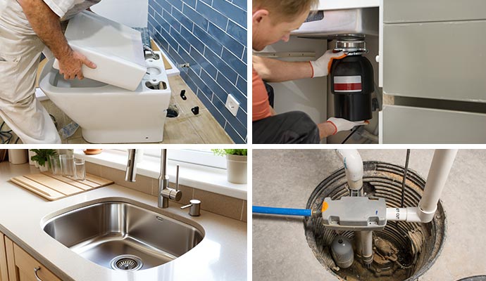 Collage of toilet installation, sink setup, garbage disposal installation, and sump pump installed Collage of toilet installation, sink setup, garbage disposal installation, and sump pump installed
