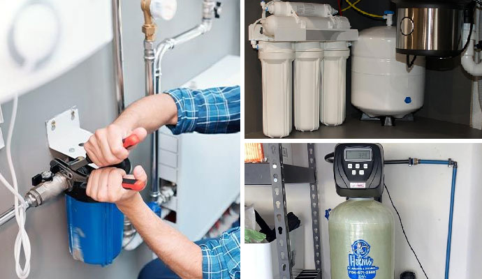 Collage of water filter repairing service, installed and water filtration system