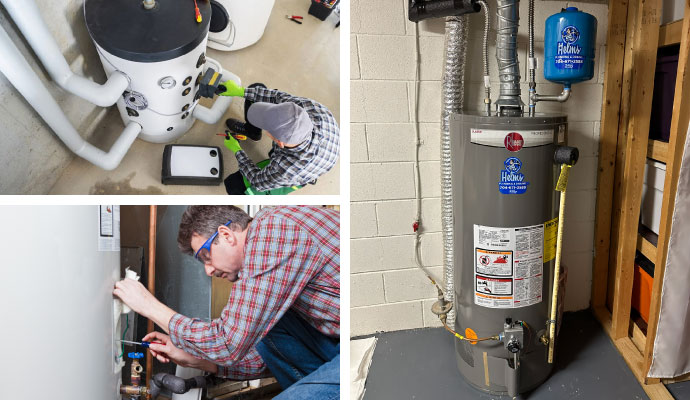 Collage of water heater repair, replacement, and installation services