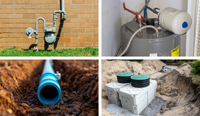 Collage showing gas line, water heater, sewer pipe, and septic system components