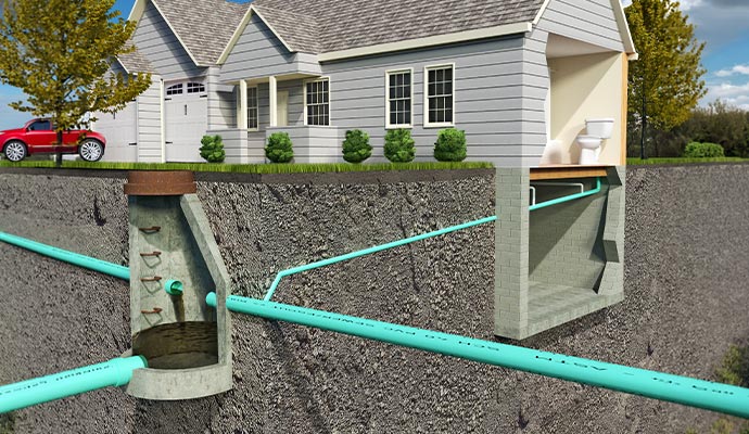 Diagram of a house connecting to a municipal sewer line at a city tap