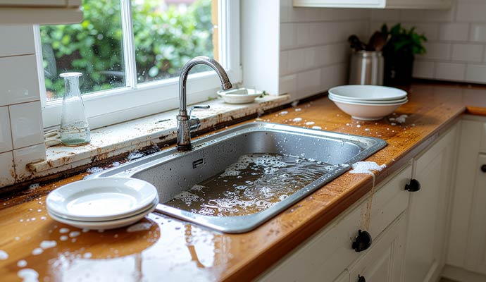 Kitchen sink spilling water onto wooden counter