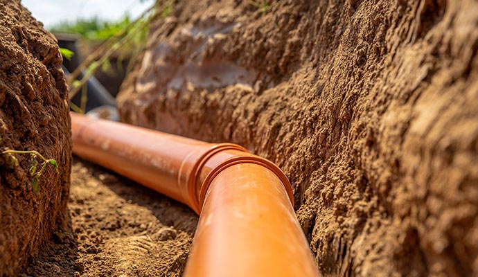 New orange PVC sewer pipe laid at the bottom of a dirt trench