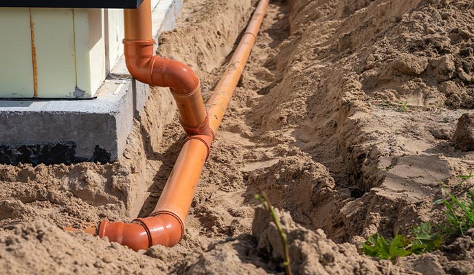 Orange PVC drainage pipe running from a building foundation into an outdoor trench