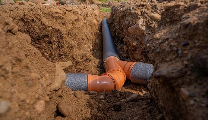 Orange PVC wye connecting insulated sewer pipes inside a dirt trench