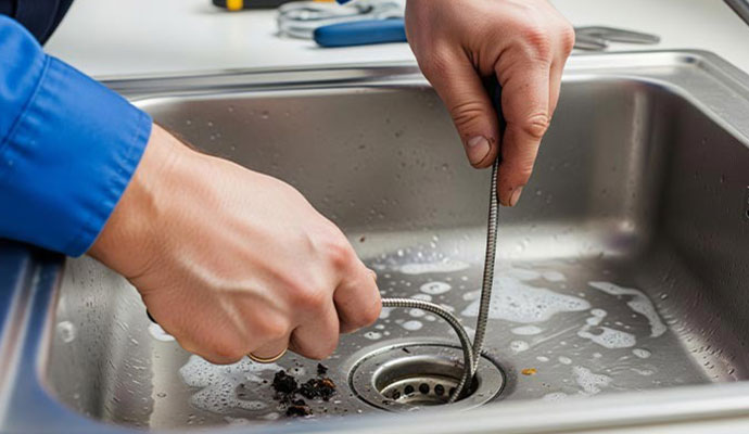 Plumber clearing a clogged sink drain with a plumbing snake