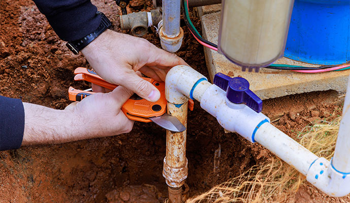 Plumber cutting a PVC water pipe with a pipe cutter during well pump repair