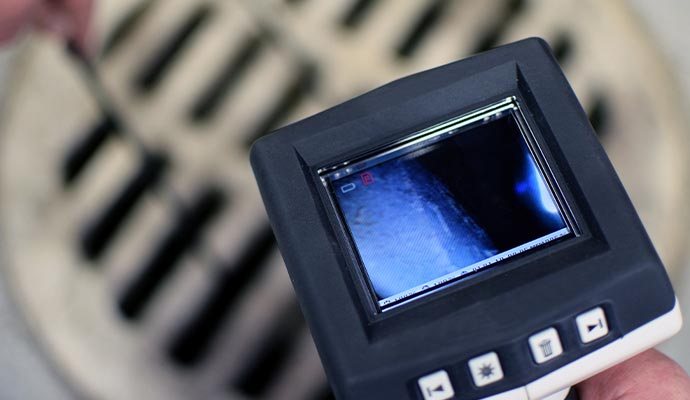 Technician holding a sewer camera monitor beside a drain grate