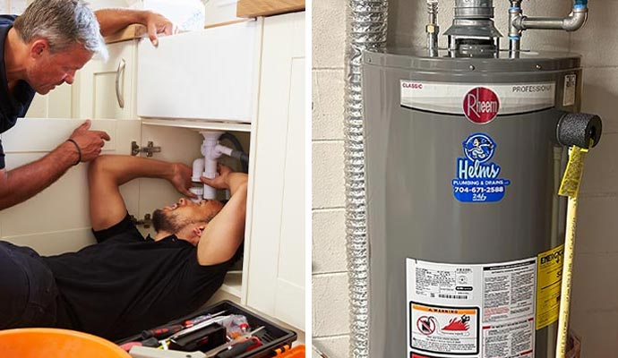 Collage of plumbing service and installed water heater