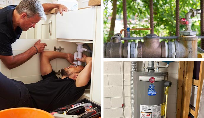 Collage of plumbing repair, outdoor gas lines, and a water heater unit