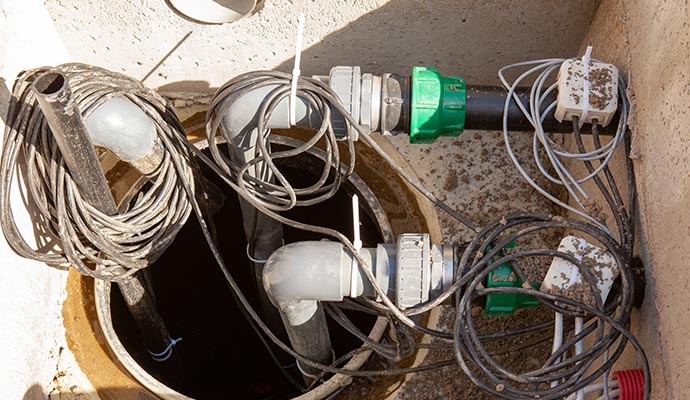 Newly installed sump pump pit, pipes and wiring