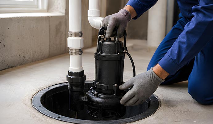 Plumber replacing a new sewage pump