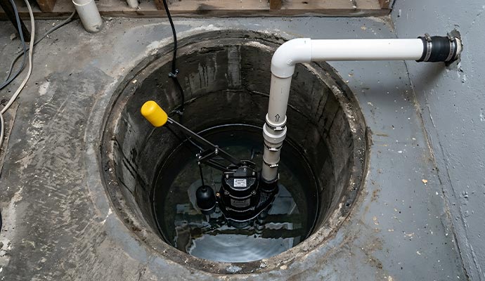 Sump pump pit with float switch and pipe