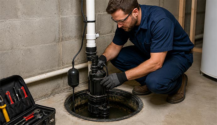 Technician repairing basement sump pump