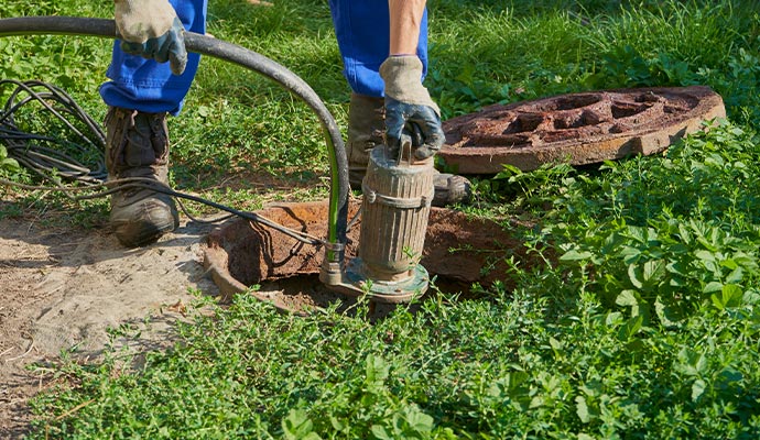 Technician servicing outdoor sewage pump