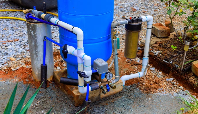 Exterior view of a water well system setup with a blue pressure tank, pump control, and a water filter