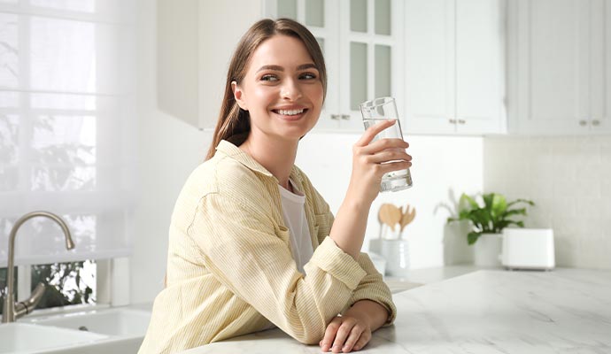 A girl is smiling with a glass of water in her hand