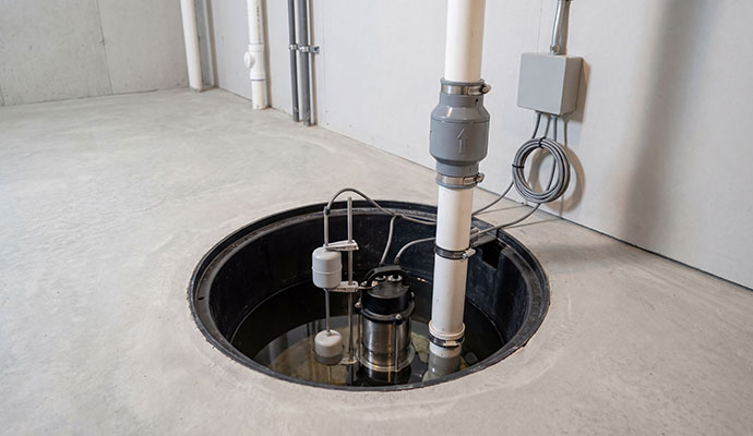 Submersible sump pump installed in a concrete basement basin