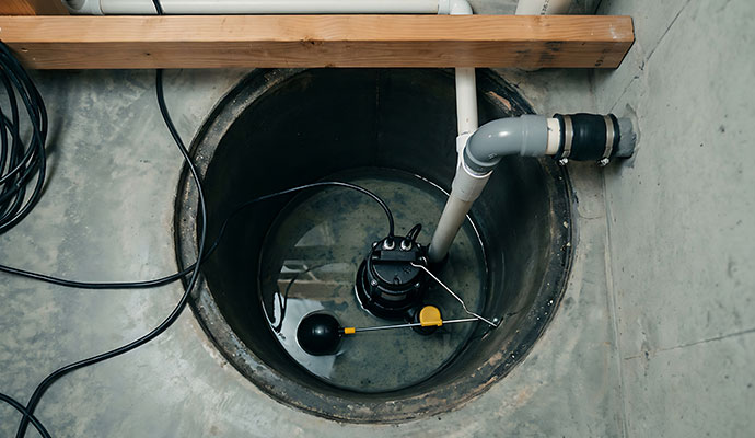 Submersible sump pump with float switch inside an open drainage basin
