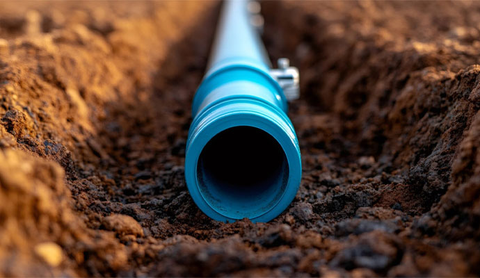 A blue pvc water pipe in trench